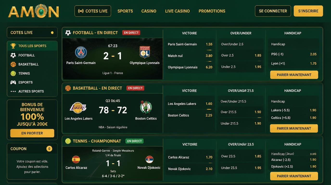 Illustration de différents marchés de paris sportifs en live pour Amon Casino France.