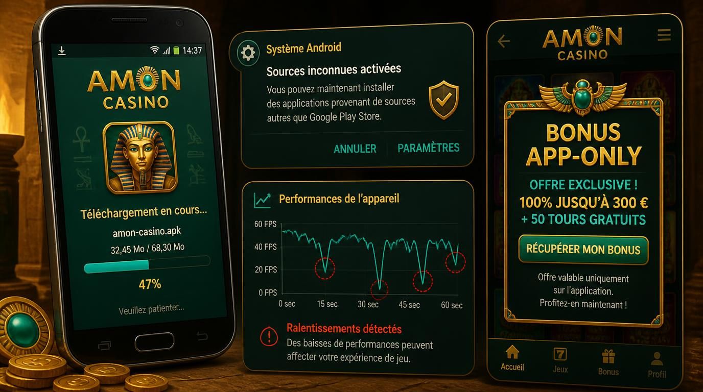  vieux smartphone montrant téléchargement apk, options sécurité visibles, bonus “App-Only” mis en avant, ralentissements apparents 