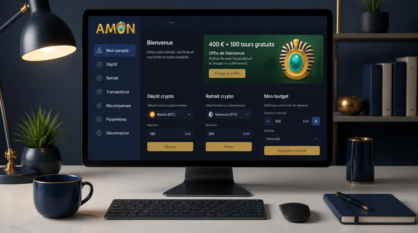 Interface de casino avec une offre de bienvenue et des options de dépôt et de retrait en cryptomonnaies