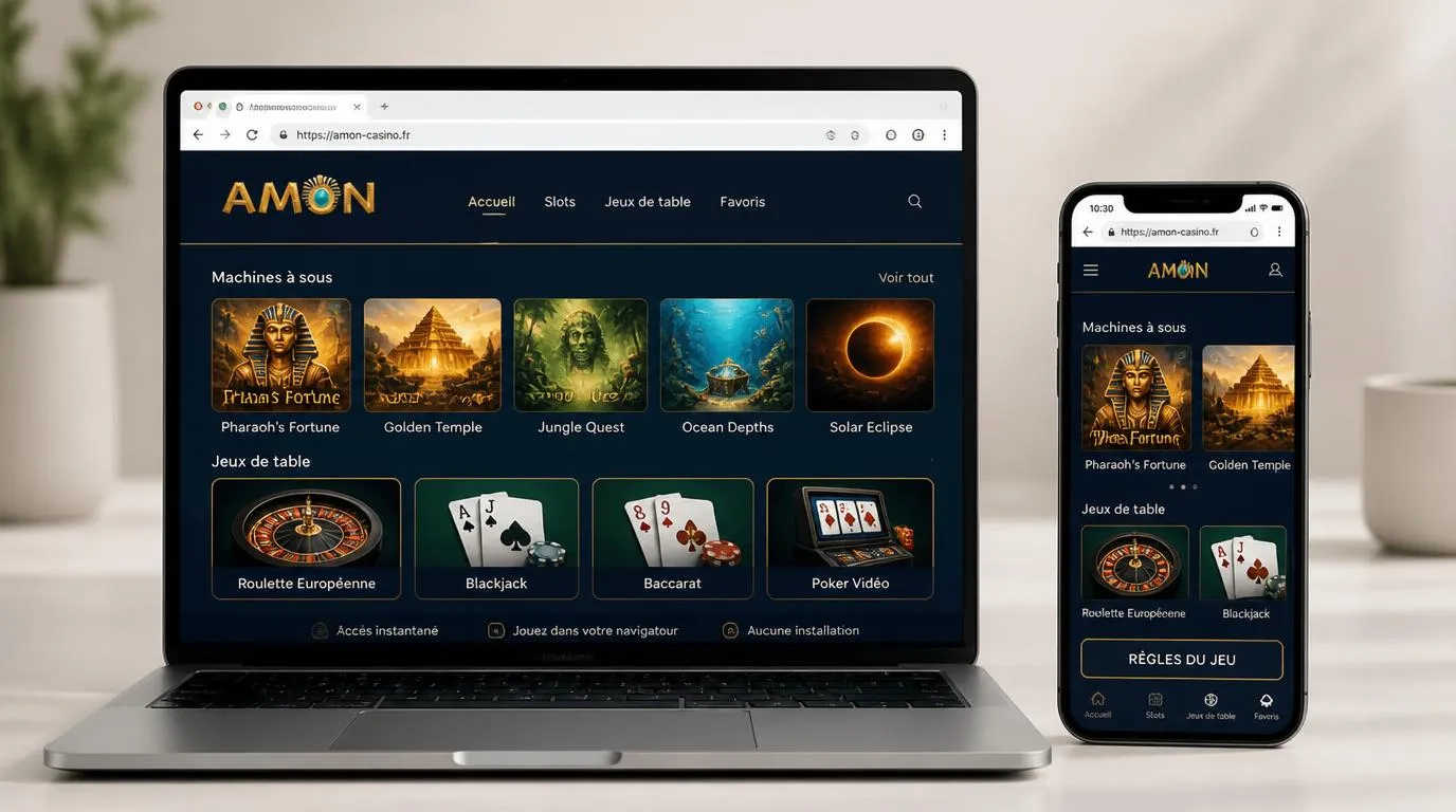 Catalogue de jeux de casino affiché sur ordinateur et smartphone, avec commandes adaptées à chaque écran