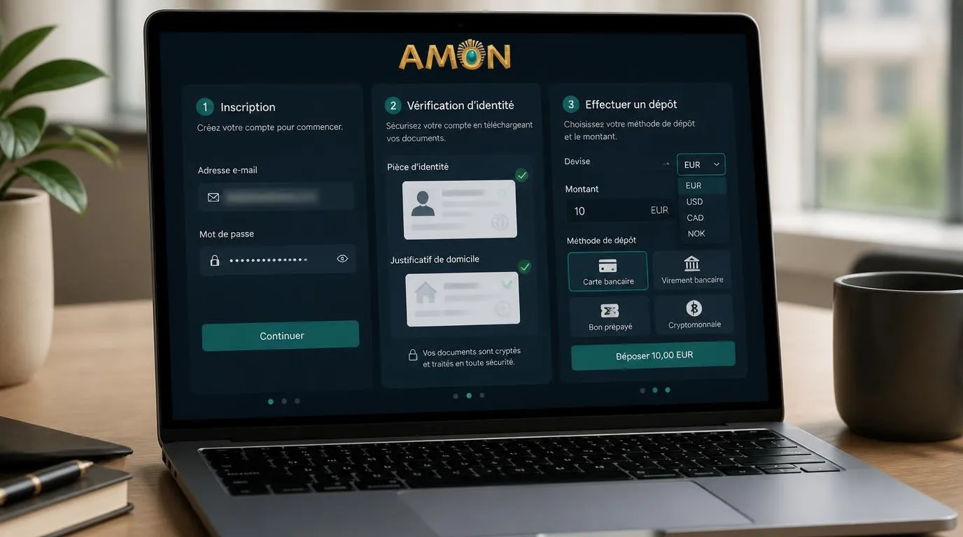 Interface d’inscription avec vérification d’identité, choix de devise et écran de premier dépôt