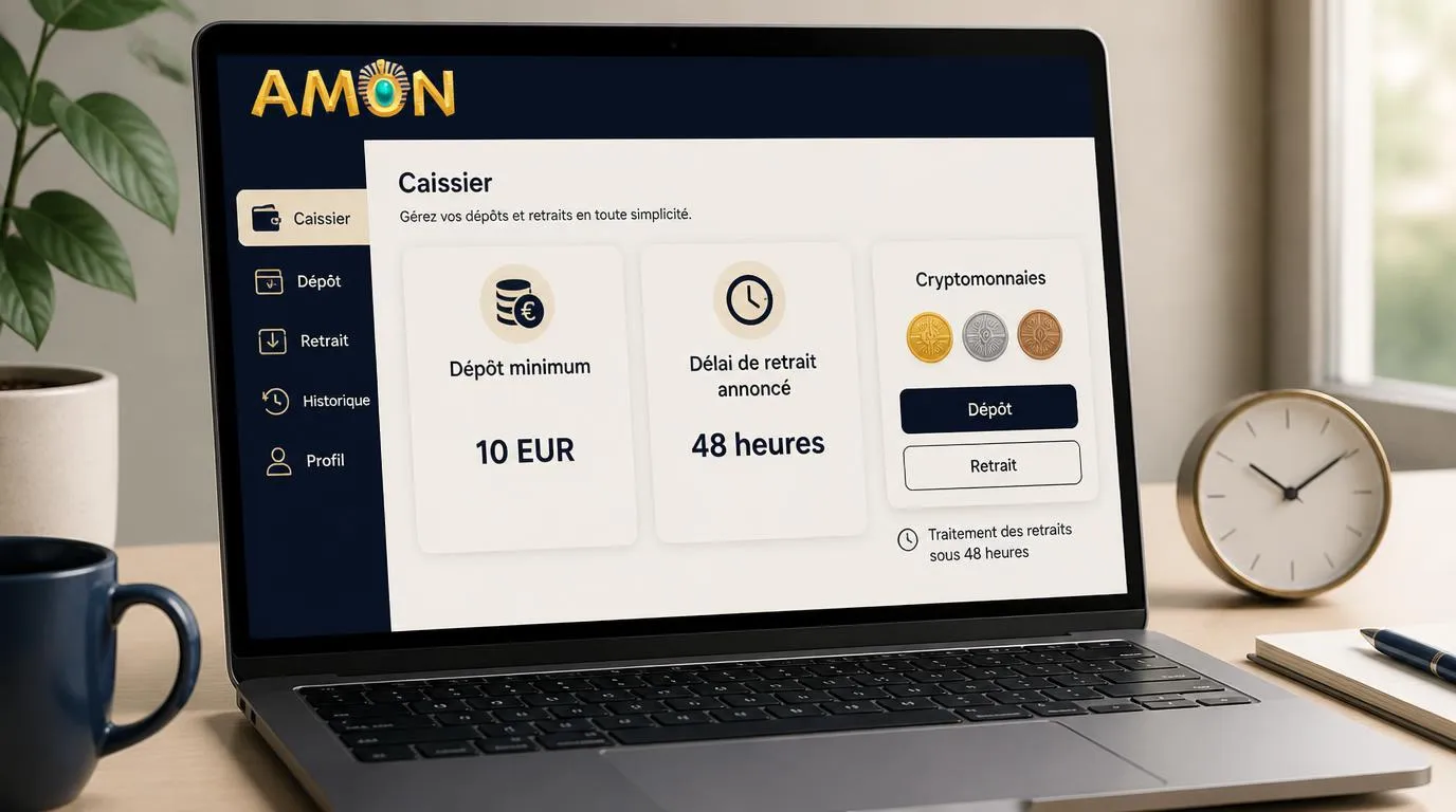 Interface de caisse avec dépôt minimum de 10 EUR, retrait annoncé sous 48 heures et options de cryptomonnaies