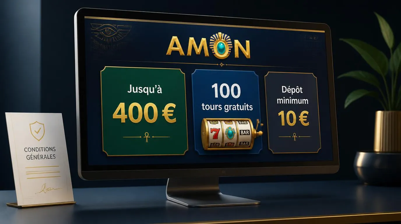 Carte de bonus affichant jusqu’à 400 €, 100 tours gratuits et un dépôt minimum de 10 €