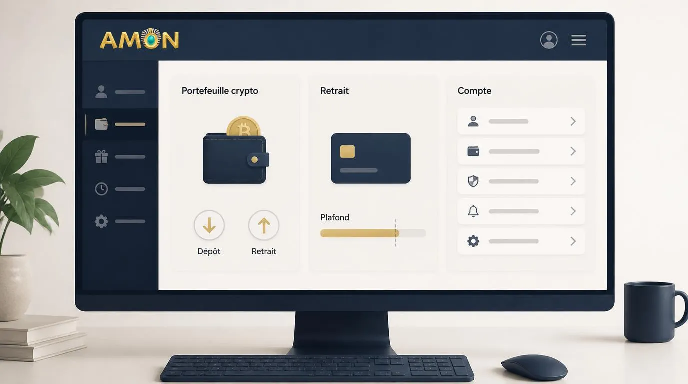 Interface de casino épurée avec dépôt en cryptomonnaies, retrait et indicateur de plafond élevé